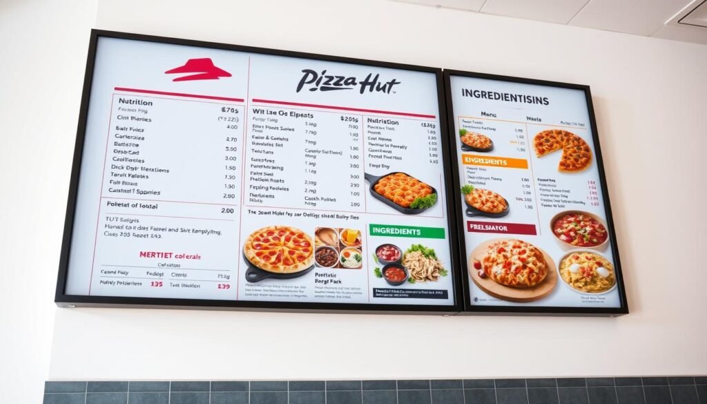 A brightly lit, high-resolution image of a Pizza Hut menu board displayed in a clean, professional setting. The menu showcases the nutrition and ingredient information for various Pizza Hut menu items, presented in a clear and transparent manner. The layout is visually appealing, with bold typography, high-quality product photography, and a color palette that aligns with the Pizza Hut brand. The image conveys a sense of modern, health-conscious dining, with a focus on transparency and nutritional awareness. Lighting is natural and diffused, creating a soft, inviting atmosphere. The camera angle is slightly elevated, providing a comprehensive view of the menu board.