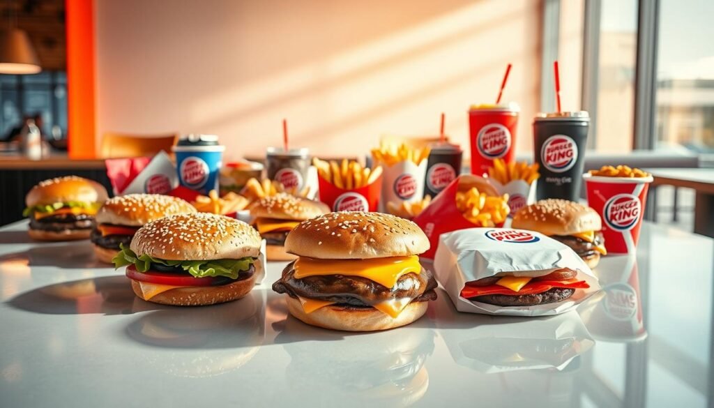 A brightly lit, high-resolution photograph of an array of Burger King's signature combo meal deals, showcased on a clean, reflective surface. The foreground features a variety of burgers, fries, and beverages artfully arranged, with each item casting a soft, natural shadow. The middle ground includes meticulously detailed packaging and condiments, creating a sense of depth and texture. In the background, a subtle blur suggests a modern, minimalist restaurant setting, emphasizing the focus on the delectable food items. The lighting is warm and inviting, highlighting the vibrant colors and glossy finishes of the Burger King products. The overall composition conveys the premium quality and variety of the Combo Meal Deals, enticing the viewer to indulge in these tempting offers.