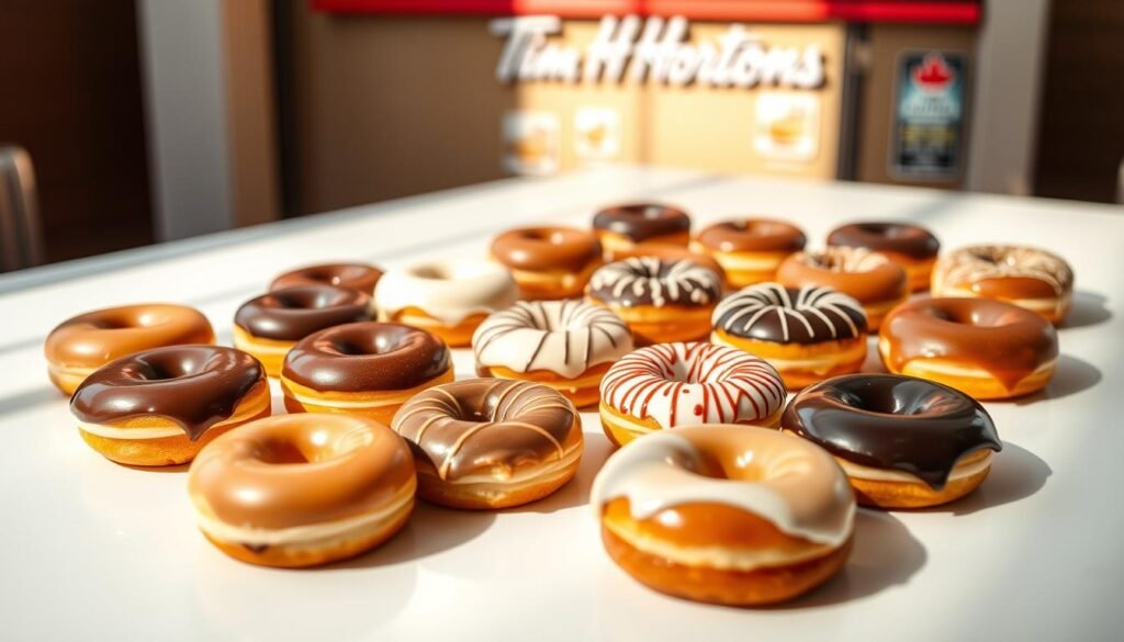 A carefully curated display of delectable Tim Hortons donuts, artfully arranged on a clean, minimalist surface. Soft, natural lighting casts gentle shadows, highlighting the glossy icing and inviting textures. In the foreground, an array of classic flavors like Boston Cream, Chocolate Glazed, and Maple Dip are presented for close inspection. The middle ground showcases innovative seasonal offerings, their vibrant colors and intricate designs beckoning the viewer to indulge. In the background, a softly blurred silhouette of a Tim Hortons storefront, suggesting the familiarity and comfort of the beloved Canadian brand. The overall mood is one of temptation and anticipation, inviting the viewer to embark on a flavorful journey of Tim Hortons taste tests.