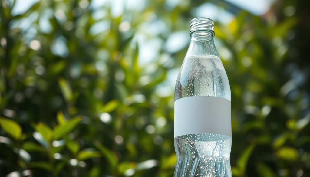 A clear, refreshing bottle of water positioned prominently in the foreground, glistening with condensation to emphasize its coldness. The bottle is designed with a smooth, modern aesthetic, featuring a sleek label without text, highlighting its purity. In the middle ground, a lush, green background of blurred plants suggests a natural, outdoor setting that conveys freshness. Soft, diffused sunlight filters through the leaves, casting gentle light onto the bottle, enhancing its appeal. The atmosphere is crisp and invigorating, evoking the feeling of a hot day when hydration is essential. The angle is slightly tilted from above, giving viewers a dynamic perspective while keeping the focus on the bottled water's refreshing qualities. No people or distractions; the image is serene and focused solely on the product.