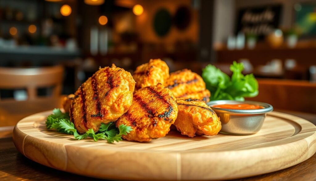 A close-up, appetizing view of grilled chicken nuggets placed on a clean wooden plate, showcasing their golden-brown, slightly charred texture. The nuggets are surrounded by a small portion of fresh, leafy greens and a dipping sauce in a small bowl, adding a burst of color. In the background, a softly blurred out restaurant setting evokes a cozy atmosphere. The lighting is warm and inviting, mimicking natural daylight, casting gentle shadows that highlight the sizzling texture of the grilled nuggets. The angle is slightly elevated, capturing the details of the nuggets’ surface and the garnishes surrounding them. The overall mood is fresh, wholesome, and appealing, perfect for a low-carb dining experience. A close-up, appetizing view of grilled chicken nuggets placed on a clean wooden plate, showcasing their golden-brown, slightly charred texture. The nuggets are surrounded by a small portion of fresh, leafy greens and a dipping sauce in a small bowl, adding a burst of color. In the background, a softly blurred out restaurant setting evokes a cozy atmosphere. The lighting is warm and inviting, mimicking natural daylight, casting gentle shadows that highlight the sizzling texture of the grilled nuggets. The angle is slightly elevated, capturing the details of the nuggets’ surface and the garnishes surrounding them. The overall mood is fresh, wholesome, and appealing, perfect for a low-carb dining experience.