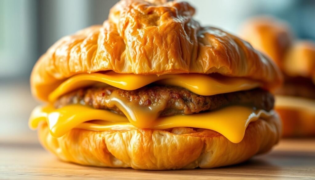 A close-up, high-resolution, mouth-watering photograph of a Burger King Croissan'wich breakfast sandwich. The flaky, golden-brown croissant bun is filled with a perfectly cooked sausage patty, a fluffy folded egg, and melted American cheese. The lighting is natural and warm, highlighting the buttery texture of the croissant and the gooey, melted cheese. The composition places the sandwich in the center of the frame, with a slight angle to showcase the layers and textures. The background is softly blurred, allowing the sandwich to be the clear focal point. The overall mood is one of culinary indulgence and breakfast delight.