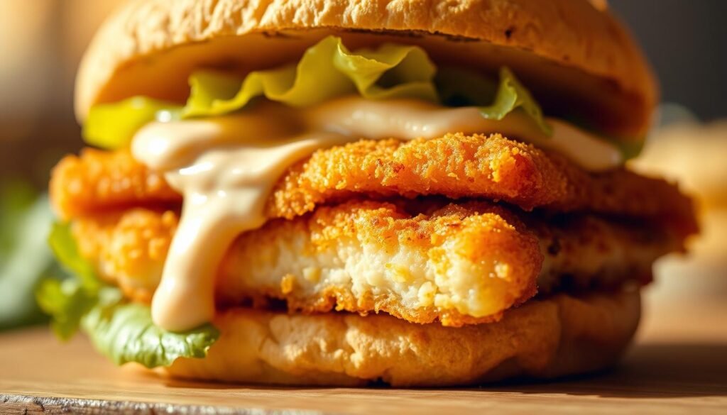 A close-up shot of a Burger King fish sandwich, showcasing its intricate textural layers. The golden-brown, crispy breading on the exterior gives way to a soft, flaky white fish fillet, complemented by the creamy, tangy tartare sauce and the subtle crunch of fresh lettuce. The lighting is warm and natural, highlighting the sandwich's inviting hues and casting subtle shadows to accentuate the depth and dimensionality of the various elements. The composition emphasizes the harmonious interplay of textures, from the delicate fish to the sturdy bun, creating a visually striking and appetizing representation of the Burger King fish sandwich's signature flavor profile.
