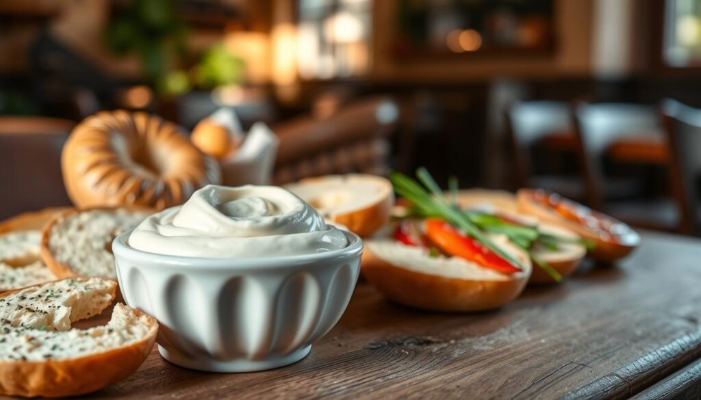 A close-up view of a creamy, spreadable cream cheese in a small, elegant white bowl, placed on a rustic wooden table. The cream cheese is smooth and glossy, showcasing a rich, off-white color. Surrounding the bowl are fresh bagels, cut in half to reveal their fluffy interior, along with colorful garnishes like chives, roasted red peppers, and a sprinkle of herbs. In the softly blurred background, there's a cozy café atmosphere with warm, natural lighting streaming in from a nearby window, casting gentle shadows. The image captures a sense of inviting warmth and culinary delight, perfect for an indulgent breakfast or brunch. The composition should use a shallow depth of field to emphasize the cream cheese and bagels in the foreground, ensuring a tantalizing appeal that highlights the subject matter.