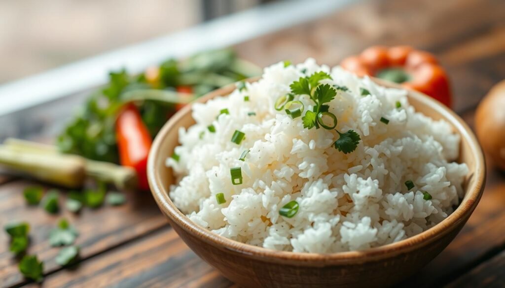 A close-up view of a steaming bowl of fluffy white rice, delicately placed on a rustic wooden table. The rice is garnished with a sprinkle of fresh green herbs, such as cilantro and scallions, enhancing its appeal. In the background, a subtle assortment of colorful allergen-friendly ingredients, like bell peppers and broccoli, is artistically arranged to emphasize the health-conscious menu options. Soft, natural light filters in from the side, casting gentle shadows and creating a warm, inviting atmosphere. A shallow depth of field blurs the background slightly, focusing attention on the rice bowl as the centerpiece of a wholesome meal. The overall mood is vibrant and fresh, encouraging a sense of healthy eating and well-being. A close-up view of a steaming bowl of fluffy white rice, delicately placed on a rustic wooden table. The rice is garnished with a sprinkle of fresh green herbs, such as cilantro and scallions, enhancing its appeal. In the background, a subtle assortment of colorful allergen-friendly ingredients, like bell peppers and broccoli, is artistically arranged to emphasize the health-conscious menu options. Soft, natural light filters in from the side, casting gentle shadows and creating a warm, inviting atmosphere. A shallow depth of field blurs the background slightly, focusing attention on the rice bowl as the centerpiece of a wholesome meal. The overall mood is vibrant and fresh, encouraging a sense of healthy eating and well-being.
