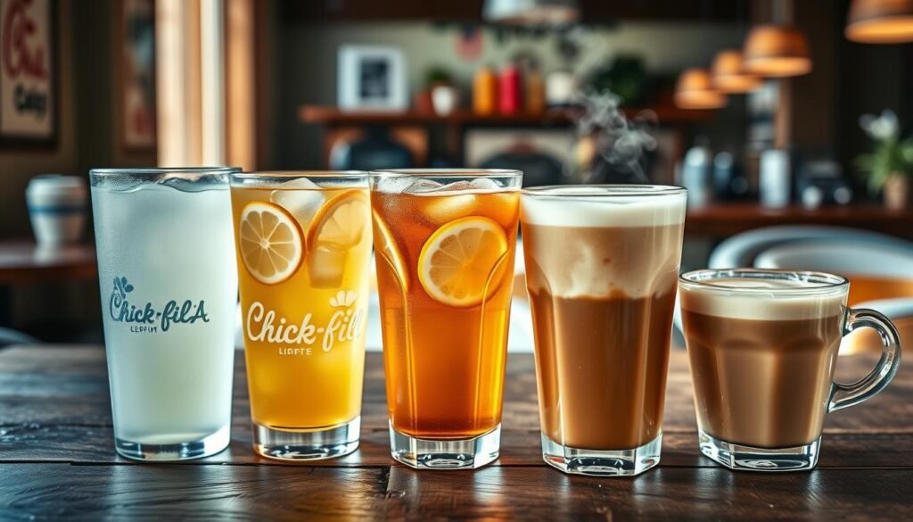 A close-up view of a stylish and diverse drinks display featuring Chick Fil A's popular beverages: a refreshing glass of traditional lemonade with condensation, a clear cup of diet lemonade showcasing its light color, a steaming cup of iced tea with lemon slices floating on top, and a freshly brewed cup of coffee with a delicate swirl of cream. In the foreground, the glasses are arranged artfully on a rustic wooden table, with ice cubes glistening under natural sunlight streaming in from the left. In the middle-ground, there's a blurred background of a cozy café environment, enhancing the inviting atmosphere. The overall mood is vibrant and refreshing, emphasizing the chilled nature of the drinks, suitable for a warm day. No text or branding visible.
