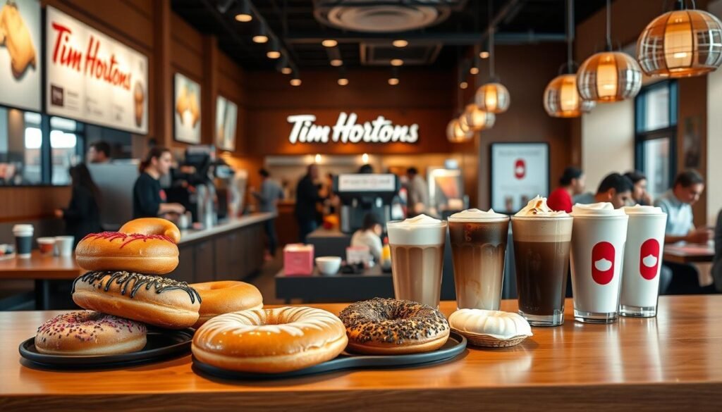 A cozy Tim Hortons café interior, warm lighting illuminating a selection of classic drinks on a sleek wooden countertop. In the foreground, a group of tempting donuts, pastries, and other baked goods arranged artfully. The middle ground features an array of signature beverages - steaming hot coffee, creamy lattes, and refreshing iced drinks. In the background, the bustling atmosphere of the café, with customers enjoying their treats and sipping their drinks. The overall scene evokes a sense of comfort, indulgence, and the quintessential Tim Hortons experience.