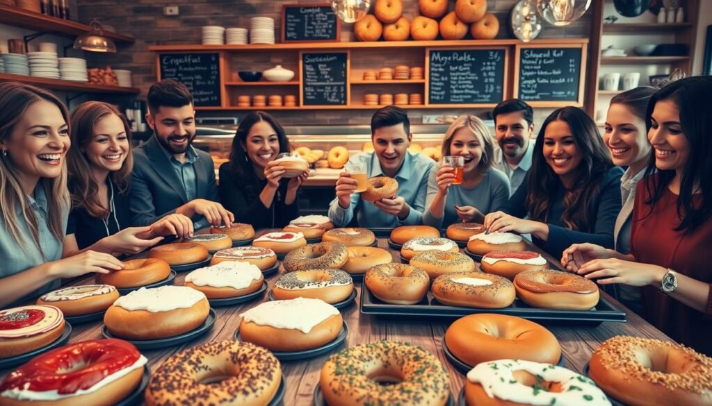 A cozy bakery setting featuring a large table filled with a baker's dozen of assorted bagels, beautifully arranged in an inviting manner. Each bagel is topped with vibrant spreads, such as cream cheese in various flavors, and garnished with fresh herbs. In the foreground, a group of diverse individuals in professional casual attire eagerly select their favorites, showcasing a sense of enjoyment and camaraderie. Soft, warm lighting illuminates the scene, highlighting the textures and colors of the bagels. In the background, a rustic wooden counter displays freshly baked goods with a chalkboard menu, enhancing the atmosphere of a welcoming breakfast spot. The overall mood is cheerful and inviting, perfect for a morning gathering.