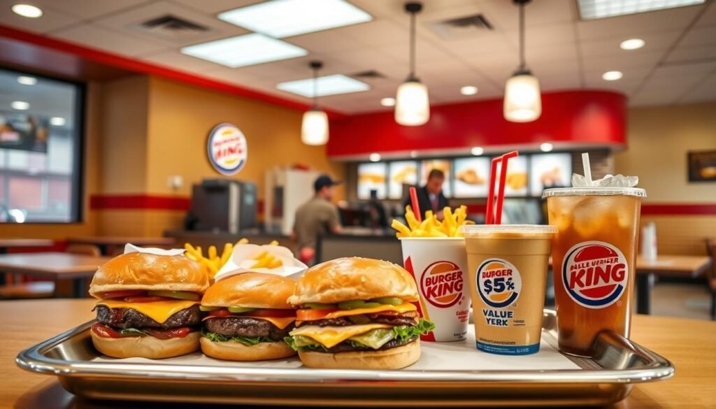 A cozy, well-lit Burger King restaurant interior, with a prominent display of value menu items. In the foreground, a tray showcases a selection of classic Burger King burgers, fries, and beverages, all priced under $5. The middle ground features a clean, modern counter area with friendly staff serving customers. In the background, the restaurant's signature red and yellow color scheme creates a warm, inviting atmosphere. The image conveys a sense of affordability and accessibility, highlighting Burger King's commitment to providing delicious, budget-friendly lunch options.