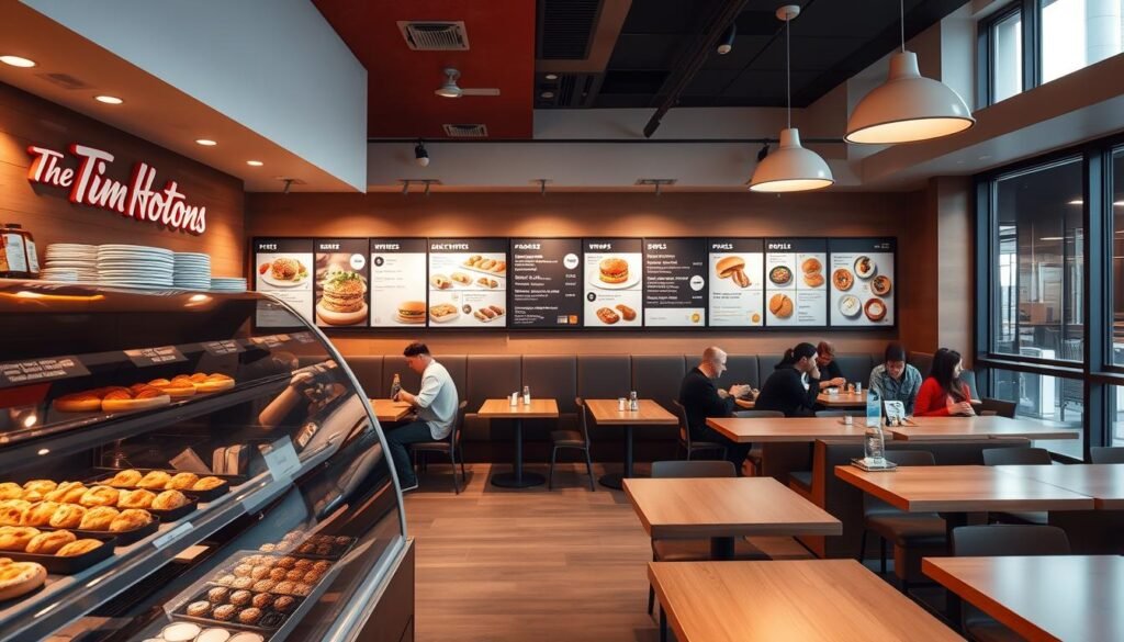A cozy, well-lit interior of a modern Tim Hortons café, showcasing their all-day menu offerings. In the foreground, a display case features a variety of freshly baked pastries, muffins, and donuts. Behind it, a menu board highlights an array of sandwiches, wraps, soups, and bowls, arranged in a visually appealing layout. The middle ground features customers enjoying their meals at the sleek, wooden tables, creating a lively atmosphere. The background showcases the café's signature warm, inviting color scheme and contemporary design elements, such as pendant lighting and large windows that let in natural light. The overall scene conveys the inviting ambiance of a Tim Hortons establishment, where customers can indulge in a wide selection of delicious all-day menu items.