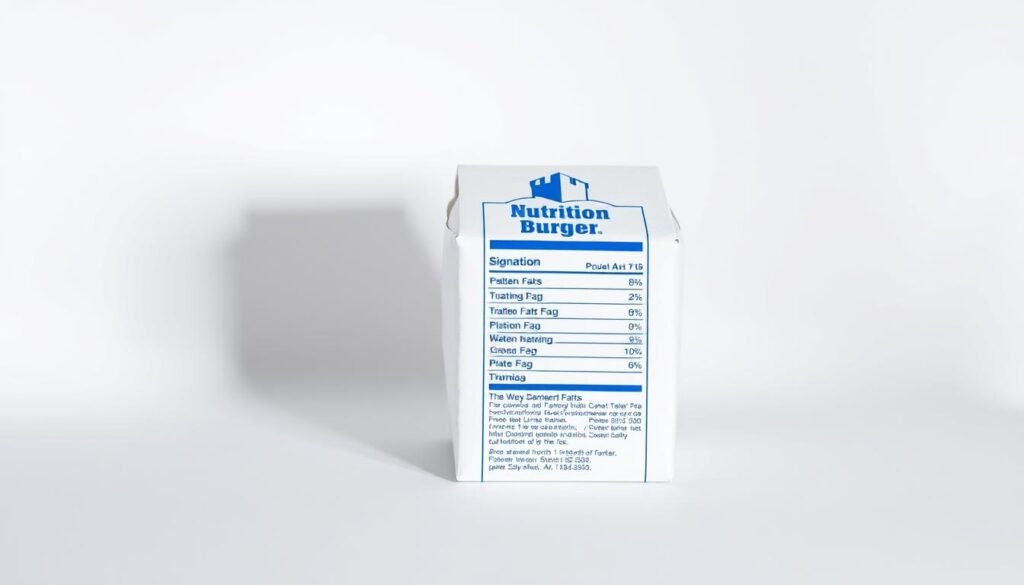 A crisp, clean-lined image of a white cardboard nutrition information label against a smooth, minimalist background. The label displays the detailed nutritional facts for a signature White Castle burger, with the brand's iconic castle logo prominently featured. Soft, diffused lighting highlights the label's clear typography and precise numerical data, conveying a sense of transparency and attention to detail. The overall composition emphasizes the importance of providing accurate, easily accessible nutritional information to health-conscious consumers.
