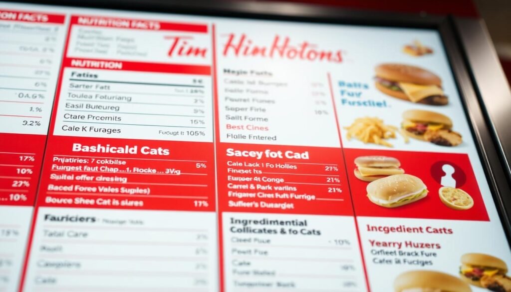 A crisp, well-lit close-up shot of a Tim Hortons menu board, meticulously displaying the nutrition facts and ingredient details for each item. The menu is prominently featured, taking up the majority of the frame, with a shallow depth of field blurring the background. The lighting is soft and even, accentuating the clarity of the text and visuals. The overall mood is informative and inviting, encouraging the viewer to closely examine the nutritional information provided.