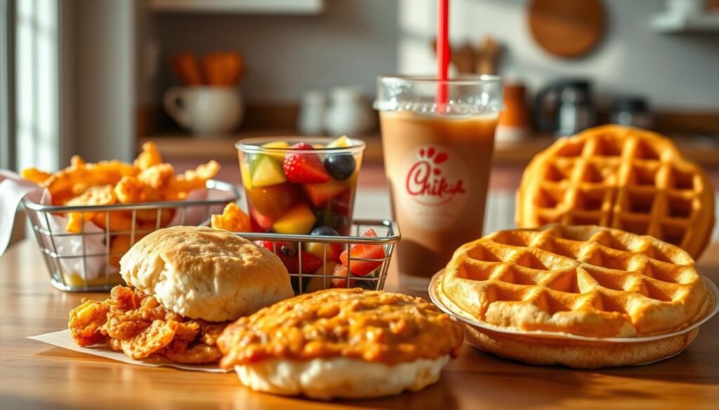 A delicious array of Chick Fil A breakfast meals and combos displayed on a wooden table. In the foreground, feature a fluffy chicken biscuit, crispy hash browns in a basket, and a refreshing iced coffee with condensation on the glass. The middle section should include a colorful fruit cup and a warm buttered waffle, arranged artfully to highlight the chain's breakfast offerings. In the background, a softly lit kitchen setting with subtle pastel hues, enhancing the inviting atmosphere of a cozy breakfast nook. Use natural light to create warm shadows, and a shallow depth of field to emphasize the food while softly blurring the background. The mood should feel welcoming and appetizing, showcasing the variety and quality of the breakfast menu.