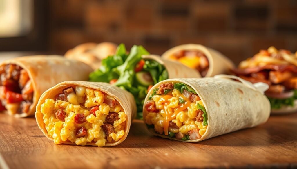 A delicious array of Tim Hortons breakfast wraps, artfully arranged on a wooden surface. In the foreground, a fluffy scrambled egg wrap, its golden-brown tortilla housing a medley of savory fillings. Alongside, a vibrant veggie wrap, its crisp greens and tangy dressing creating a harmonious balance. In the middle ground, a classic bacon and cheese wrap, the salty cured meat and melted cheese evoking a comforting and satisfying meal. The background is softly lit, casting a warm glow over the scene, evoking a cozy and inviting atmosphere. The camera angle is slightly elevated, allowing the viewer to appreciate the full visual appeal of these delectable breakfast options.