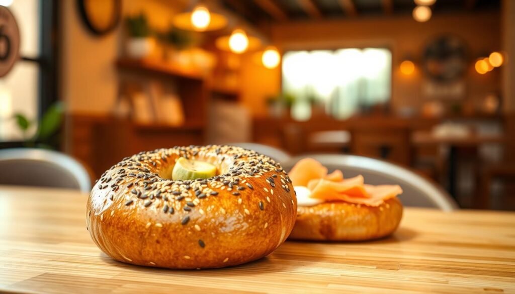 A delicious, freshly baked bagel, prominently displayed in the foreground, showcasing its golden-brown, perfectly crisp exterior and a slightly shiny surface, with sesame seeds and poppy seeds sprinkled on top. In the middle ground, place a small assortment of healthy toppings, such as avocado slices, smoked salmon, and a light spread of cream cheese. The background features a cozy café setting, softly blurred to emphasize the bagel, with warm, natural lighting filtering in through a window, creating an inviting atmosphere. Use a shallow depth of field to draw attention to the bagel while maintaining a clean and professional aesthetic suitable for a nutrition article. The overall mood is warm and wholesome, evoking a sense of healthy eating and delicious choices.
