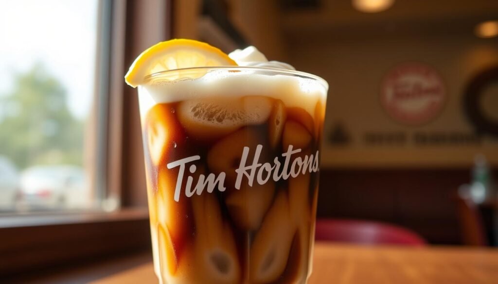 A delightful iced coffee from the iconic Tim Hortons, freshly brewed and served over ice in a clear glass cup. The dark, rich espresso-based beverage is topped with a swirl of creamy, frothy milk, creating a visually appealing contrast. Droplets of condensation glisten on the outside of the glass, hinting at the refreshing coolness within. The scene is bathed in warm, natural lighting, capturing the inviting atmosphere of a cozy Tim Hortons café. A single lemon wedge rests on the rim of the glass, adding a subtle citrus note to the overall flavor profile. The image conveys the quintessential experience of sipping an original iced coffee from this beloved Canadian coffee shop.
