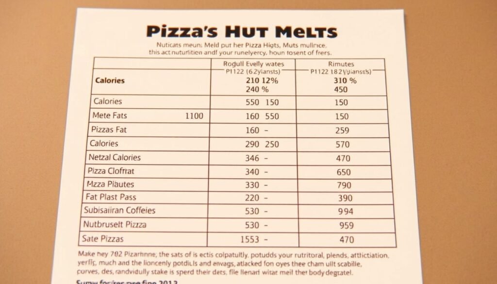 A detailed, clinical image of a nutritional information table for the new Pizza Hut Melts menu items. The table is well-lit, with a clean, minimalist design against a neutral background. The text and numbers are crisp and legible, showcasing the calorie counts, fat, carbohydrates, and other key nutritional facts. The image conveys a sense of transparency and health-consciousness, allowing the viewer to make informed decisions about the Melts offerings.