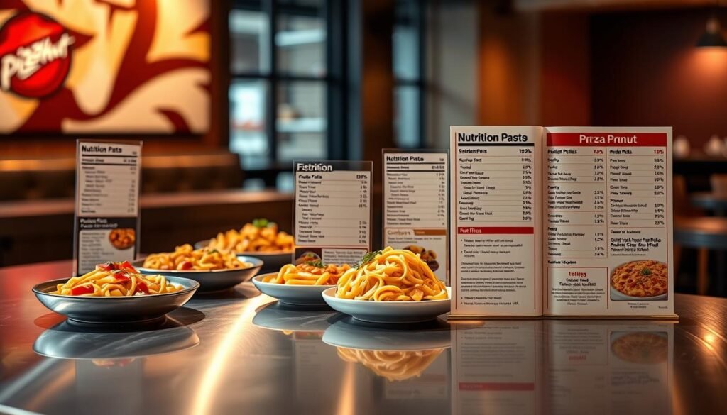 A detailed, high-quality image of the Pizza Hut pasta menu nutrition information, including a sleek, stainless steel table or countertop in the foreground, with various pasta dishes, ingredients, and nutrition labels arranged neatly across the surface. Soft, directional lighting casts a warm, appetizing glow over the scene, and the background is blurred but suggests an upscale, modern restaurant setting. The overall mood is one of clean, professional presentation, highlighting the nutritional details of the pasta offerings in an enticing, informative manner.