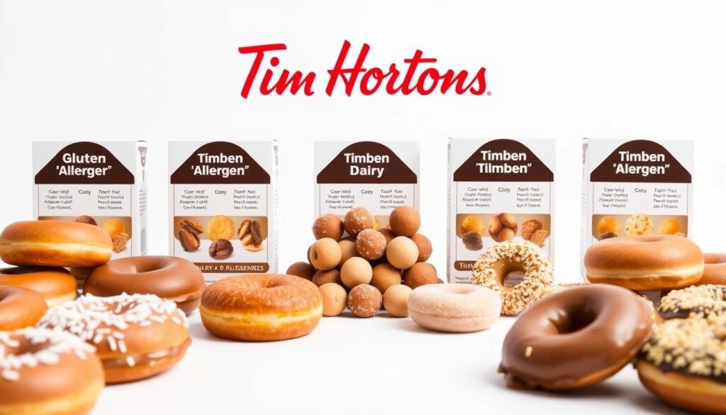 A display of various Tim Hortons baked goods, including donuts and timbits, against a clean white background. The foreground features an assortment of different pastries, each clearly labeled with their respective allergens such as dairy, nuts, and gluten. The middle ground showcases a selection of timbits in different flavors, their allergen information prominently displayed. The background maintains a bright, well-lit studio setup, highlighting the details and textures of the baked goods. The overall mood is informative and educational, inviting the viewer to closely examine the allergen-conscious offerings from the popular Canadian café.