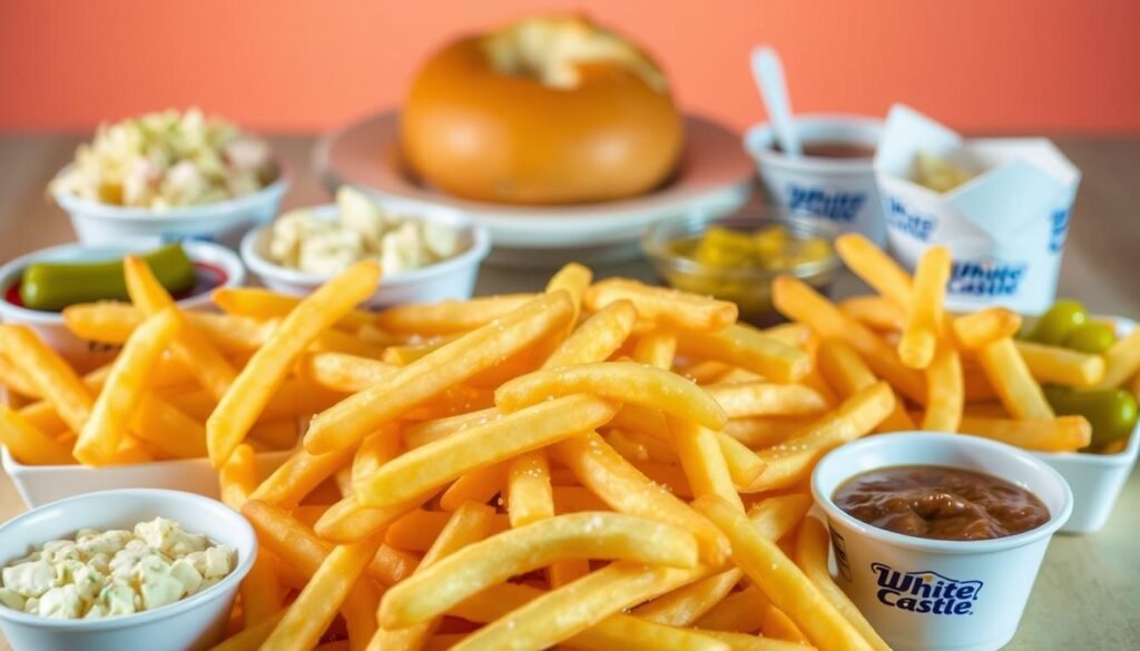 A gleaming display of classic White Castle sides, bathed in warm, soft lighting and captured from a slightly elevated angle. In the foreground, a generous pile of crisp, golden french fries, their surfaces lightly dusted with sea salt. Surrounding them, a variety of accompaniments: creamy coleslaw, tangy pickles, and a selection of sauces and condiments, each in its own pristine white container. In the middle ground, a trio of delicate, fluffy buns, ready to be paired with the iconic White Castle sliders. The background features a subtle, minimalist backdrop, allowing the vibrant colors and textures of the side dishes to take center stage, creating a mouthwatering and visually appealing display that perfectly complements the article's focus on the classic White Castle menu.