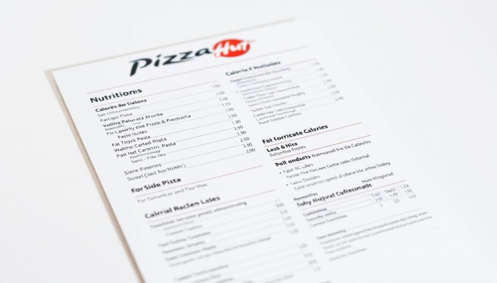 A high-quality nutritional guide for Pizza Hut menu items, displayed on a clean, white background. The guide shows detailed calorie, fat, carbohydrate, and protein information for a variety of pizza, pasta, and side dish options. The guide is presented in a sleek, modern design with clear, easy-to-read typography. The lighting is soft and even, highlighting the guide's legibility. The angle is straight-on, creating a sense of authority and professionalism. The overall mood is informative and helpful, providing health-conscious diners with the practical information they need to make better choices at Pizza Hut.