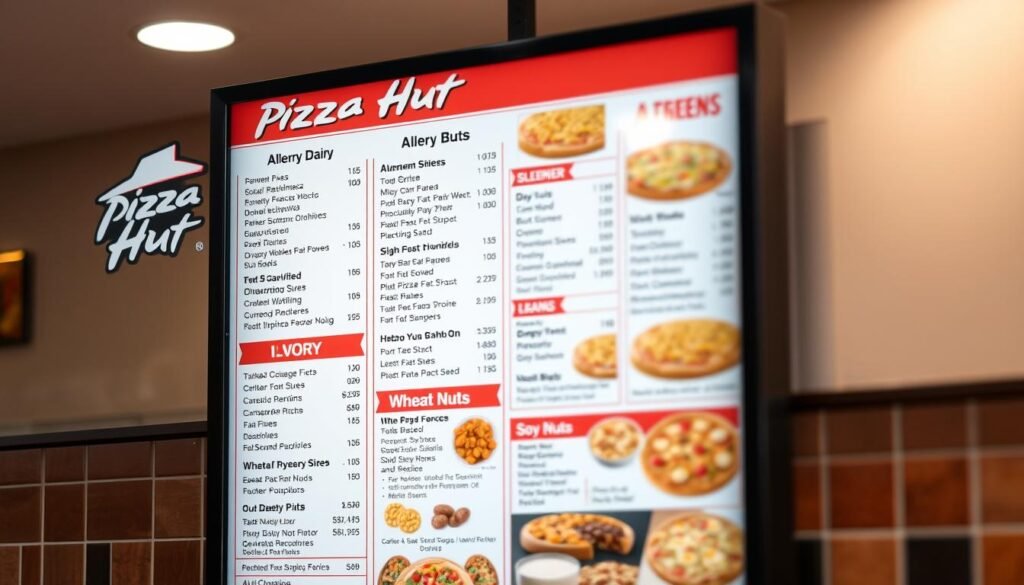 A high-resolution, detailed image of a Pizza Hut menu board against a softly blurred background, showcasing various menu items with clear labeling of common allergens like dairy, wheat, soy, and nuts. The menu is well-lit, with a warm, inviting color scheme that captures the essence of the Pizza Hut brand. The layout is clean and organized, making it easy to navigate and identify allergy-friendly choices. The overall scene conveys a sense of helpful transparency and customer-centric focus, aligning with the article's subject matter.