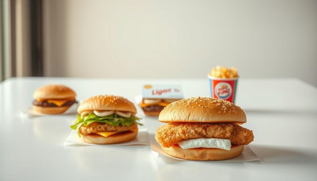 A meticulously crafted visual comparison of the Burger King Fish Sandwich with its competitors, showcased in a sleek, modern setting. The sandwiches are presented on a clean, minimalist table, bathed in warm, natural lighting that highlights their textures and ingredients. The foreground features the BK Fish Sandwich, its crisp breading and flaky white fish fillet prominently displayed. In the middle ground, similar sandwiches from rival fast-food chains are arranged, allowing for a side-by-side evaluation of size, composition, and presentation. The background subtly fades into a softly blurred environment, focusing the viewer's attention on the central subject. The overall mood is one of discerning analysis, inviting the observer to closely inspect and compare the offerings.