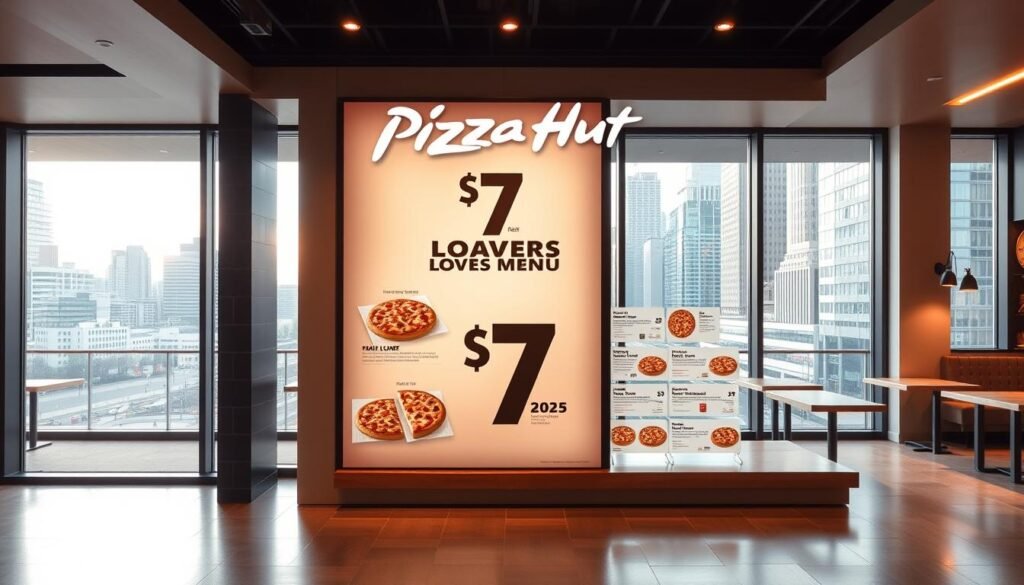 A modern, sleek interior of a 2025 Pizza Hut restaurant, featuring a prominent display showcasing their $7 Deal Lovers Menu. The scene is bathed in warm, inviting lighting, with large windows offering a view of a bustling urban cityscape outside. The menu items are presented in an eye-catching, minimalist fashion, highlighting the value and appeal of the affordable deals. The overall atmosphere conveys a sense of contemporary sophistication and customer-centric focus, reflecting the brand's evolution to cater to the changing tastes and preferences of 2025 diners.