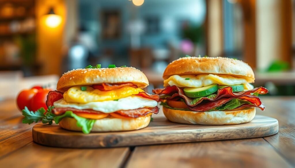 A mouthwatering breakfast sandwich artfully arranged on a rustic wooden table, featuring a freshly toasted bagel, golden scrambled eggs, crispy bacon, and creamy avocado slices. The sandwich is topped with a sprinkle of fresh chives and served with a side of vibrant cherry tomatoes and mixed greens. In the background, a softly blurred café setting with warm lighting creates a cozy atmosphere. The image captures a close-up angle, focusing on the delicious layers of the sandwich while maintaining a bright and inviting color palette. The overall mood is cheerful and appetizing, perfect for illustrating the idea of the best breakfast sandwich.