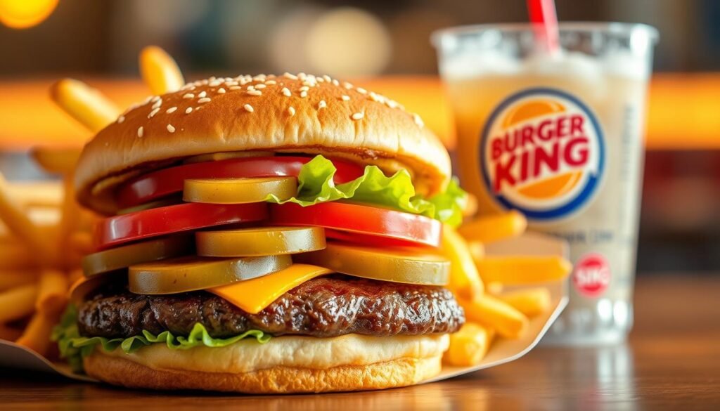 A mouthwatering scene of a Burger King Whopper Lunch Combo, shot in warm, appetizing lighting. In the foreground, a juicy Whopper burger, its sesame seed bun glistening, nestled between crisp lettuce, ripe tomato, and tangy pickles. Beside it, a generous portion of golden-brown french fries, their crispy edges catching the light. In the middle ground, a frosty soft drink, the condensation on the cup suggesting its refreshing coolness. The background is blurred, allowing the focus to remain on the delectable meal. The overall composition evokes a sense of indulgence and satisfaction, perfectly capturing the essence of a Burger King Whopper Lunch Combo.