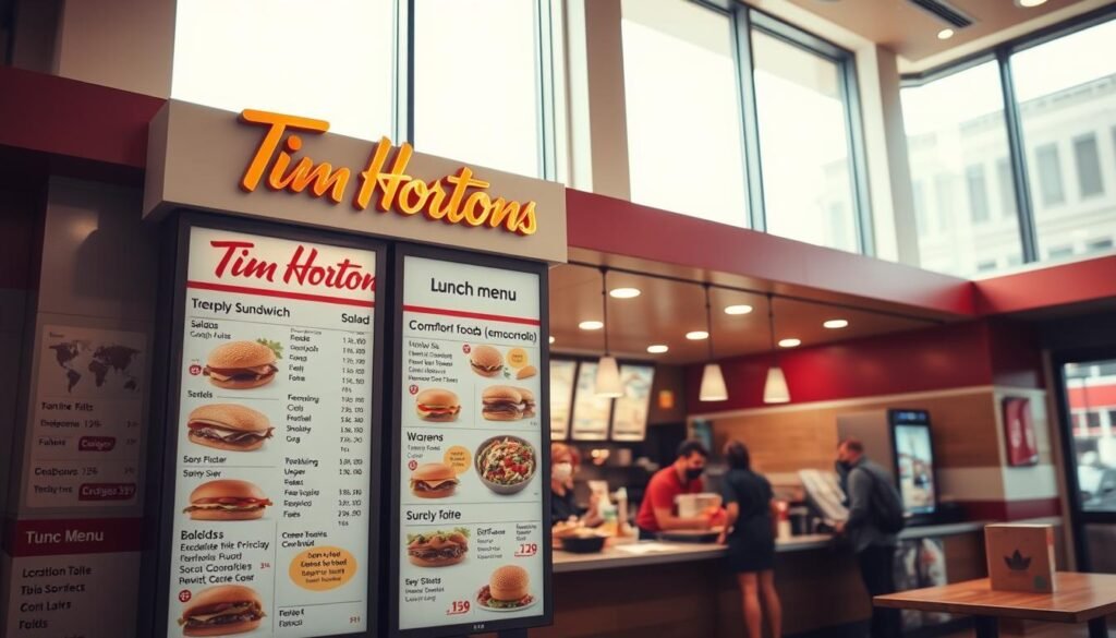 A pristine Tim Hortons restaurant interior, well-lit with soft, natural lighting filtering through large windows. The prominent lunch menu board is displayed in the foreground, showcasing a variety of tantalizing sandwich options, salads, and warm comfort foods. In the middle ground, the ordering counter is visible, with friendly staff ready to assist customers. The background subtly hints at the bustling urban setting outside, creating a cozy and inviting atmosphere for a satisfying lunchtime experience.