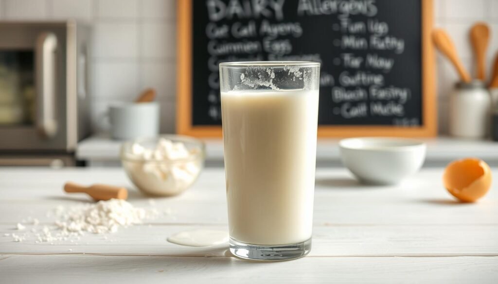 A pure, fresh glass of milk sits prominently in the foreground, illuminated by soft, natural lighting that highlights its creamy texture and slight condensation on the glass. Surrounding the glass, a few spilled drops of milk create a sense of movement. In the middle ground, a white and subtle wood table adds warmth, while hints of dairy ingredients like scattered flour and an egg shell subtly suggest a kitchen setting. In the background, a blurred view of a chalkboard listing common allergens contrasts with a homey atmosphere, evoking a sense of safety and wellness. The image conveys a calm and inviting mood, ideal for a discussion about dietary information. The angle is slightly elevated, allowing for a clear view of the glass, inviting the viewer to focus on the milk and its purity.