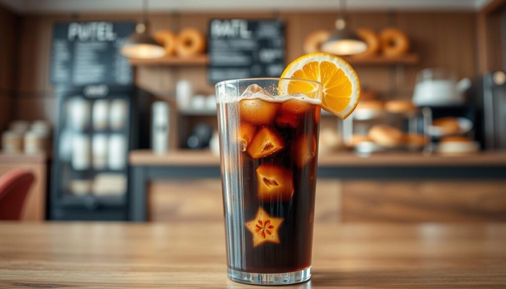 A refreshing glass of cold brew coffee sits prominently in the foreground, filled to the brim with dark, rich liquid and ice cubes. The drink is garnished with a sprinkle of cocoa powder and a slice of orange on the rim, adding a hint of colorful contrast. Behind the glass, a soft-focus café scene features a stylish counter with an array of bagels and pastries, subtly hinting at the menu without being the focal point. The background includes warm wood tones and soft lighting, creating an inviting atmosphere. The image is captured at eye level with a slightly blurred bokeh effect for depth, emphasizing the cold brew in a cozy, relaxing café setting that invites viewers to enjoy a nutritious coffee experience.