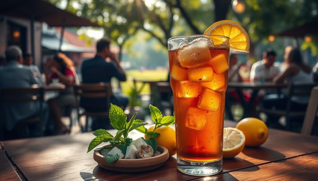 A refreshing glass of iced tea sits prominently in the foreground, complete with a condensation-covered surface, ice cubes, and a slice of lemon perched on the rim. Surrounding the glass, a set of small, colorful tea ingredients like fresh mint leaves, vibrant lemons, and sweeteners are artfully arranged on a rustic wooden table. In the middle ground, a picturesque outdoor café setting conveys a warm, inviting atmosphere, with soft sunlight filtering through tree leaves, creating playful shadows. In the background, blurred silhouettes of patrons enjoying their drinks add life without drawing focus. The scene is captured with a soft, natural light and a shallow depth of field to emphasize the iced tea while giving a relaxed and refreshing mood, ideal for a summer day. A refreshing glass of iced tea sits prominently in the foreground, complete with a condensation-covered surface, ice cubes, and a slice of lemon perched on the rim. Surrounding the glass, a set of small, colorful tea ingredients like fresh mint leaves, vibrant lemons, and sweeteners are artfully arranged on a rustic wooden table. In the middle ground, a picturesque outdoor café setting conveys a warm, inviting atmosphere, with soft sunlight filtering through tree leaves, creating playful shadows. In the background, blurred silhouettes of patrons enjoying their drinks add life without drawing focus. The scene is captured with a soft, natural light and a shallow depth of field to emphasize the iced tea while giving a relaxed and refreshing mood, ideal for a summer day.