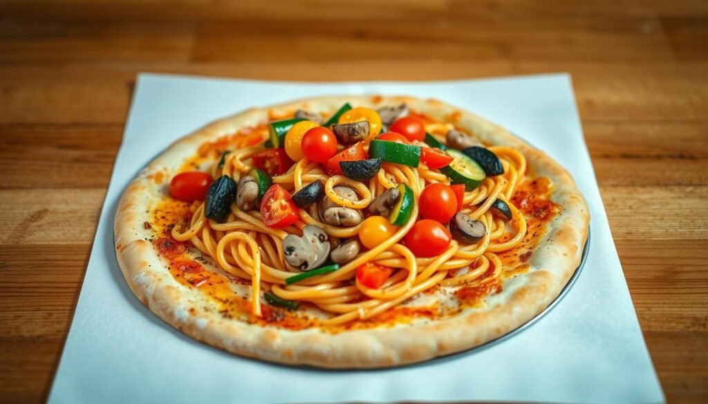 A savory veggie pasta dish atop a thin-crust pizza base, framed within the iconic Pizza Hut logo. The pasta features vibrant tomatoes, zucchini, bell peppers, and mushrooms, arranged in an appetizing medley. The pizza base has a golden-brown crust, with a light dusting of herbs and spices. Soft lighting from above casts a warm, inviting glow, highlighting the textures and colors of the dish. The composition is balanced, with the pasta and pizza seamlessly integrated, creating a harmonious fusion of Italian flavors. The overall scene exudes a comforting, homemade atmosphere, perfect for a satisfying vegetarian-friendly meal.