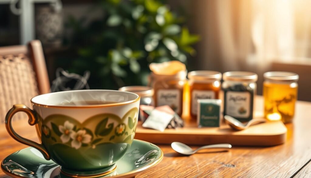 A serene close-up of a beautifully arranged tea setup, with an elegant ceramic teacup filled with steaming herbal tea in the foreground, showcasing vibrant colors like deep green and golden hues. In the middle, a polished wooden table displays an array of tea options, including small jars of loose leaf tea in various shades, like chamomile and jasmine, alongside a small spoon and a fragrant tea bag. In the background, softly blurred, a subtle hint of soft-focus greenery suggests an outdoor setting, enhancing the refreshing vibe. The lighting is warm and inviting, creating a cozy atmosphere, with natural sunlight streaming in, casting gentle shadows. The angle is slightly elevated, providing a delightful perspective of the tea selection. A serene close-up of a beautifully arranged tea setup, with an elegant ceramic teacup filled with steaming herbal tea in the foreground, showcasing vibrant colors like deep green and golden hues. In the middle, a polished wooden table displays an array of tea options, including small jars of loose leaf tea in various shades, like chamomile and jasmine, alongside a small spoon and a fragrant tea bag. In the background, softly blurred, a subtle hint of soft-focus greenery suggests an outdoor setting, enhancing the refreshing vibe. The lighting is warm and inviting, creating a cozy atmosphere, with natural sunlight streaming in, casting gentle shadows. The angle is slightly elevated, providing a delightful perspective of the tea selection.
