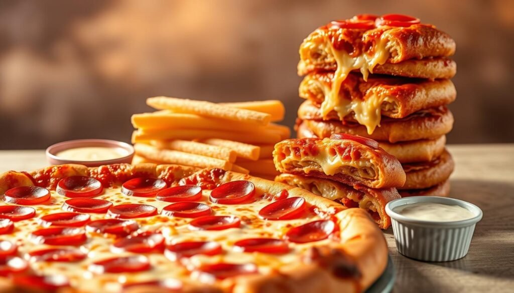 A tantalizing display of high-calorie Pizza Hut offerings, captured in a warm, appetizing light. In the foreground, a large, glistening pepperoni pizza with melted cheese oozing from the edges. Beside it, a stack of crispy, golden-brown breadsticks, accompanied by a creamy dipping sauce. In the middle ground, a towering order of cheesy, indulgent stuffed crust pizza, its cross-section revealing layers of dough, cheese, and pepperoni. The background is hazy, creating a soft focus that emphasizes the enticing textures and mouthwatering details of these calorie-dense delights. The overall scene evokes a temptation to indulge, inviting the viewer to explore the alluring world of Pizza Hut's high-calorie menu options.