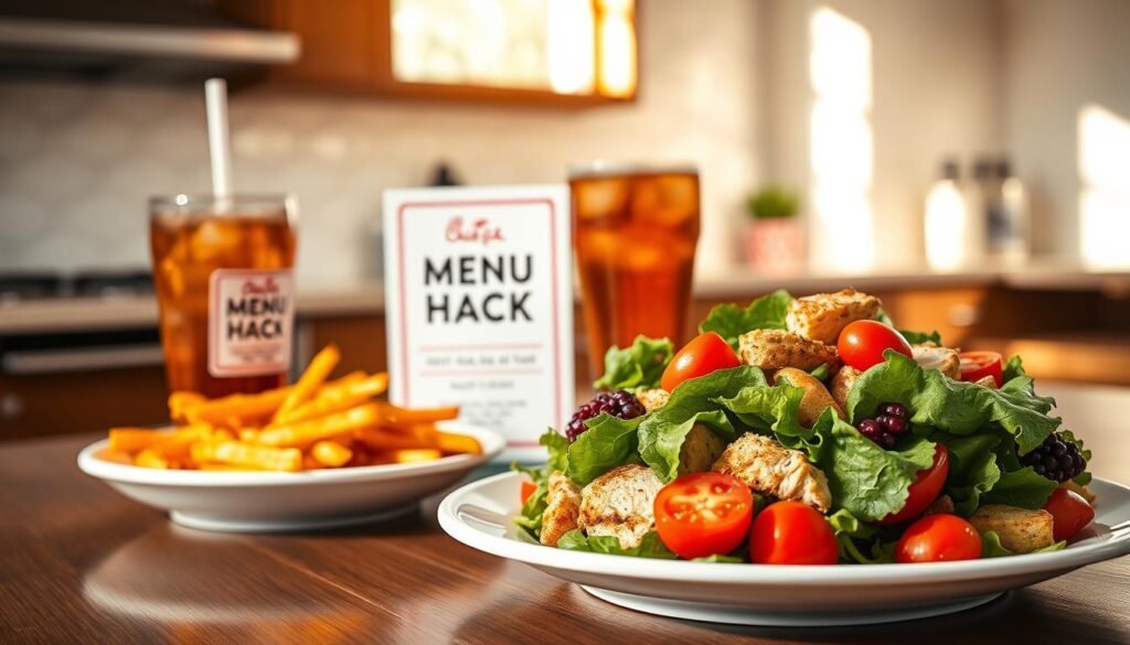 A vibrant, aesthetically pleasing tabletop arrangement showcasing lighter swaps for popular Chick-fil-A menu items. In the foreground, a colorful, healthy salad featuring grilled chicken, cherry tomatoes, and fresh greens elegantly arranged on a white plate. Beside it, a smaller portion of sweet potato fries, lightly seasoned and appealing. In the middle ground, a stylishly labeled (but text-free) menu hack booklet positioned next to a refreshing iced tea. The background includes a soft-focus kitchen setting, with warm lighting casting inviting shadows, giving a cozy yet modern atmosphere. The composition is captured at a slight angle to create depth, with sunlight filtering through a window, enhancing the freshness and healthiness of the food on display. A vibrant, aesthetically pleasing tabletop arrangement showcasing lighter swaps for popular Chick-fil-A menu items. In the foreground, a colorful, healthy salad featuring grilled chicken, cherry tomatoes, and fresh greens elegantly arranged on a white plate. Beside it, a smaller portion of sweet potato fries, lightly seasoned and appealing. In the middle ground, a stylishly labeled (but text-free) menu hack booklet positioned next to a refreshing iced tea. The background includes a soft-focus kitchen setting, with warm lighting casting inviting shadows, giving a cozy yet modern atmosphere. The composition is captured at a slight angle to create depth, with sunlight filtering through a window, enhancing the freshness and healthiness of the food on display.