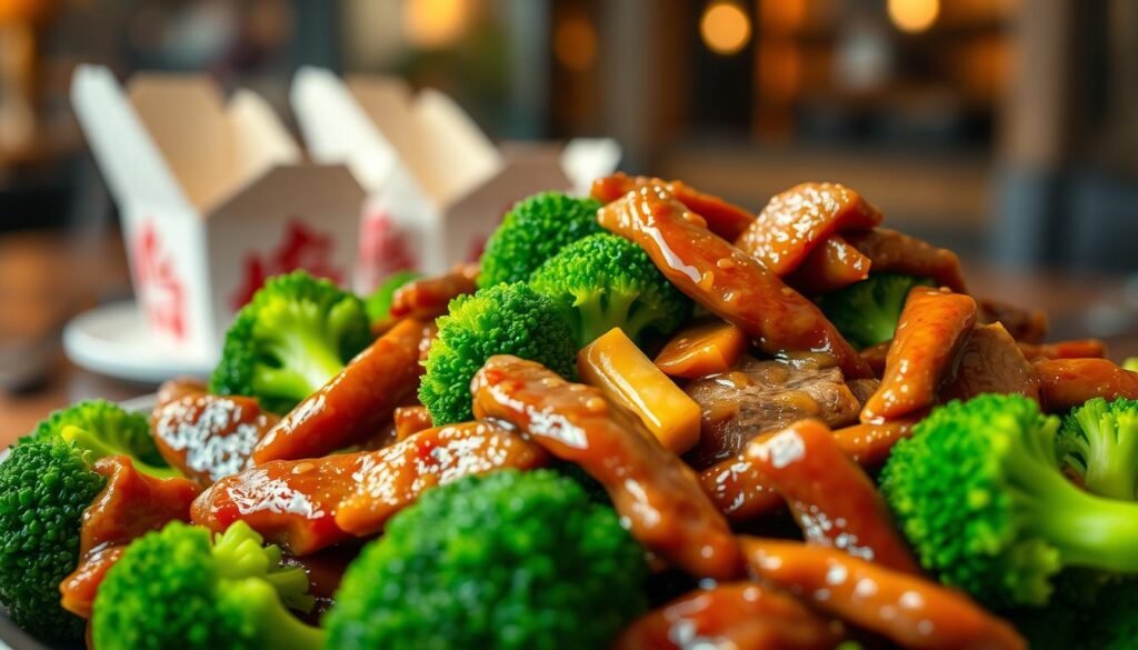 A vibrant and appetizing dish of broccoli beef fills the foreground, featuring tender strips of beef glistening with a savory brown sauce, surrounded by bright green, perfectly cooked broccoli florets. The beef should have a slight caramelization to emphasize its flavor, and the broccoli should showcase a fresh, crisp appearance. In the middle ground, incorporate a subtle backdrop of a stylish, modern dining setting, perhaps with a soft-focus hint of Chinese takeout containers. The lighting is warm and inviting, highlighting the rich colors of the dish and casting gentle shadows. The scene conveys a wholesome and nutritious atmosphere, inviting viewers to consider this healthier option among heavier Chinese cuisine choices.