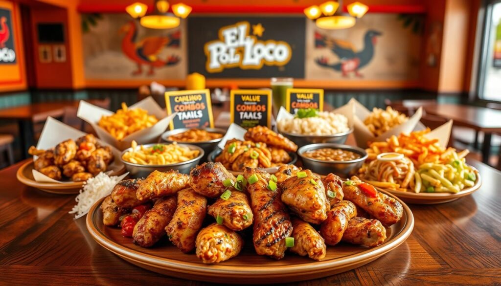 A vibrant and appetizing display of "El Pollo Loco" menu deals, featuring an array of colorful combo meals on an elegant wooden table. In the foreground, showcase a generous serving of grilled chicken pieces, surrounded by fresh sides like rice, beans, and fresh salsa, all artfully arranged. In the middle, place a variety of combo plates, highlighting the value menu options, with tantalizing sauces and garnishes. The background features a warm, inviting Mexican-themed restaurant ambiance with soft lighting, enhancing the cozy atmosphere. Use a shallow depth of field to keep the focus on the food, while slightly blurring the background. Capture the scene from a top-down angle, radiating a cheerful and delicious mood that reflects the exciting deals available at El Pollo Loco.