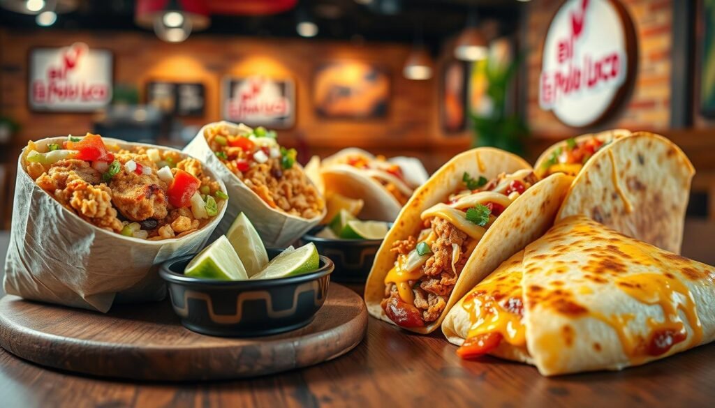 A vibrant and appetizing display of El Pollo Loco's menu items, featuring large, colorful burritos, crispy tacos, and cheesy quesadillas in the foreground. The burritos are filled to the brim with grilled chicken, fresh vegetables, and zesty sauces, while the tacos showcase tender meat, vibrant toppings, and a drizzle of salsa. The quesadillas are golden brown and oozing with melted cheese, arranged beautifully on a rustic wooden table. In the middle ground, a side of fresh lime wedges and a small bowl of guacamole adds to the feast. The background depicts a softly lit fast-casual restaurant atmosphere with warm tones and hints of greenery, creating a welcoming and relaxed vibe. Use a shallow depth of field to focus on the dishes, evoking a sense of deliciousness and affordability.