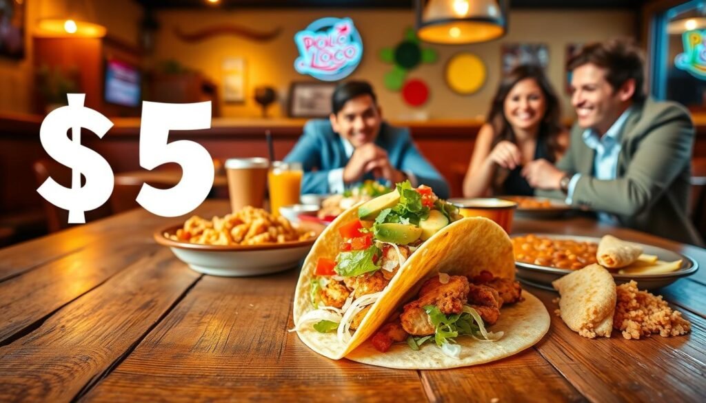 A vibrant and appetizing scene showcasing a selection of El Pollo Loco's $5 menu items spread out on a rustic wooden table. In the foreground, focus on a deliciously plated taco with grilled chicken, fresh avocado, vibrant salsa, and shredded lettuce, accompanied by a side of seasoned rice and beans. In the middle, add a few customers seated at the table, casually enjoying their meals, dressed in smart casual attire, smiling and animated, reflecting satisfaction with their food choices. In the background, capture the warm ambiance of a cozy restaurant interior with soft, welcoming lighting and colorful decorations, creating a lively dining atmosphere. The scene conveys a sense of community and enjoyment, highlighting the appeal of the affordable menu options.