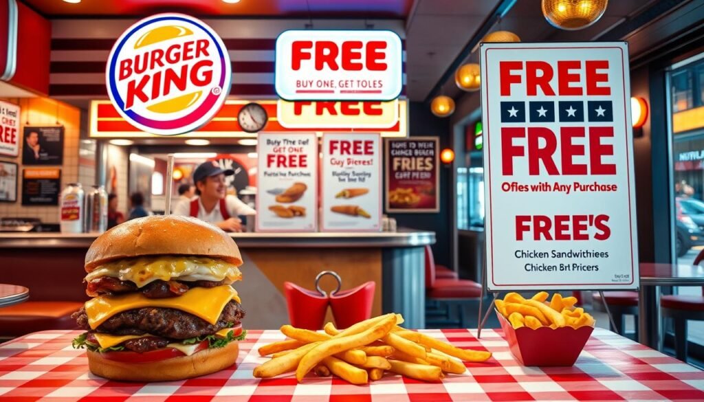 A vibrant and inviting diner-style scene with a prominent Burger King logo and signage, showcasing an array of free food promotions. In the foreground, a mouthwatering Whopper burger and crispy golden fries are displayed on a red-and-white checkered tablecloth. Behind them, a counter with a friendly employee taking orders, set against a backdrop of warm lighting and retro decor. The middle ground features various promotional posters and banners highlighting the current free food offers, such as a "Buy One, Get One Free" deal on Chicken Sandwiches and a "Free Fries with Any Purchase" promotion. The background depicts a cozy, nostalgic atmosphere with classic diner-style booths, neon accents, and a glimpse of the bustling street outside, creating an inviting and vibrant scene that captures the essence of Burger King's free food promotions.