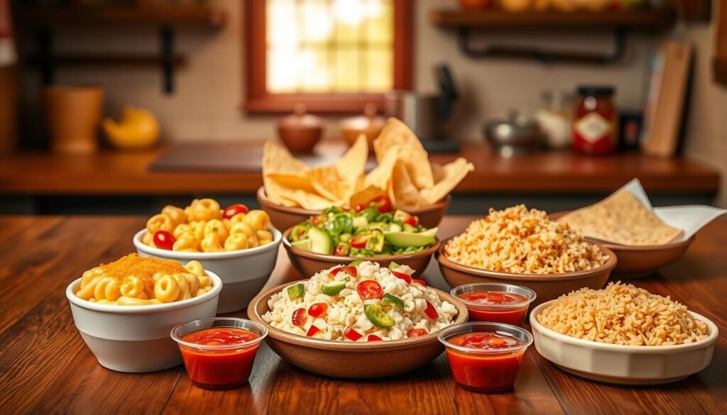 A vibrant and inviting display of El Pollo Loco menu sides, featuring an array of colorful and delicious add-ons. In the foreground, a wooden table showcases three main dishes: a bowl of creamy, savory mac and cheese, a bright, fresh garden salad with cherry tomatoes and avocado, and a generous portion of seasoned rice. Surrounding these are small cups of zesty salsas, including a vibrant avocado salsa and a spicy pico de gallo. In the middle ground, there's a platter with crispy tortilla chips and warm, soft flour tortillas. The background features a rustic kitchen setting, softly illuminated by warm, natural light, creating an appetizing atmosphere. The angle should be slightly elevated, capturing the texture and colors of the food, making it look enticing and delicious.