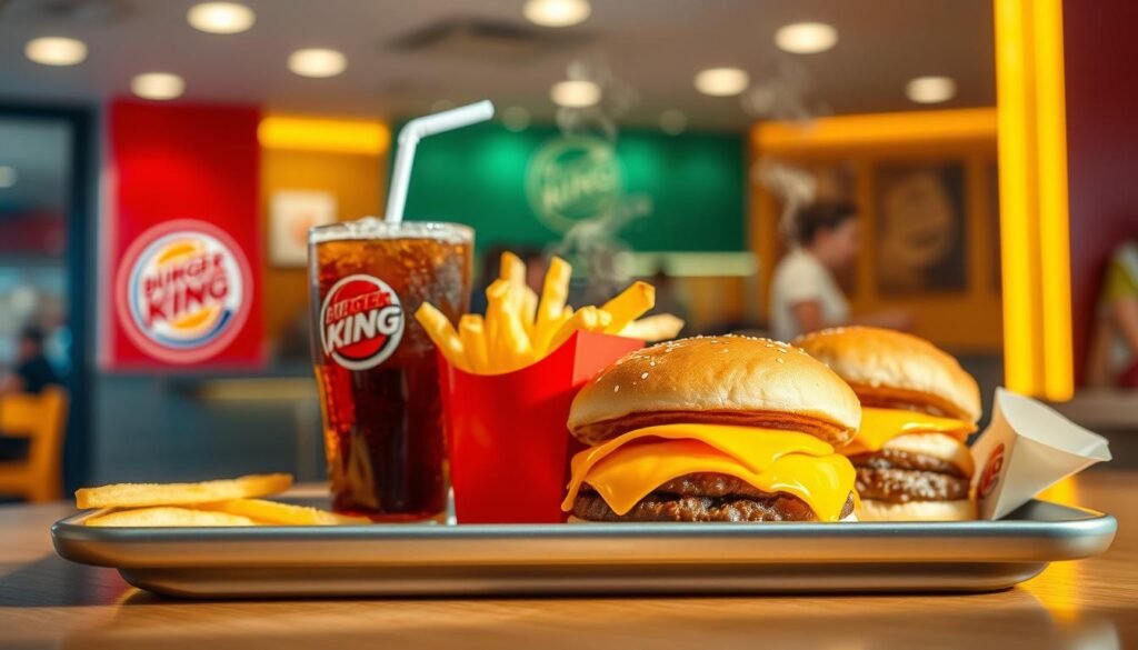 A vibrant, appetizing display of Burger King's iconic Value Menu items, captured in a warm, inviting light. In the foreground, a visually striking lineup of classic cheeseburgers, crispy fries, and a steaming soda, all neatly arranged on a sleek, modern tray. The middle ground features a blurred backdrop of the Burger King restaurant interior, with its signature red and yellow color scheme and contemporary decor, creating a sense of place. The overall mood is one of convenience, affordability, and the comforting familiarity of a fast-food favorite.
