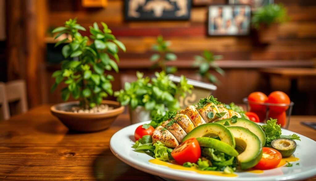 A vibrant, appetizing display of El Pollo Loco's healthy menu options, featuring grilled chicken breasts garnished with fresh herbs and served alongside a colorful array of vegetables. In the foreground, a wooden table is set with a neatly arranged plate of a grilled chicken salad drizzled with zesty dressing, complemented by slices of avocado and cherry tomatoes. The middle features an intimate setting with a rustic restaurant backdrop, hinting at cozy wooden walls and soft lighting to create a warm atmosphere. In the background, a few potted plants add a touch of greenery, enhancing the freshness of the meal. The scene conveys a sense of health and vitality, inviting viewers to explore nutritious, delicious choices. The image is captured with a soft focus to emphasize the food, evoking a feeling of warmth and comfort.