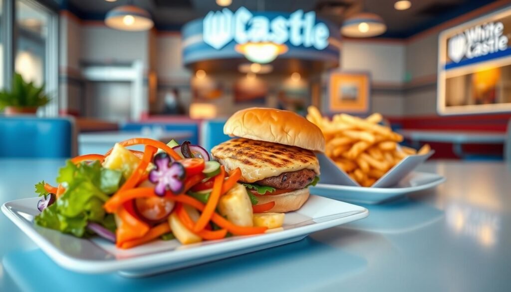 A vibrant, appetizing scene of a healthy meal from White Castle. In the foreground, a selection of fresh, colorful vegetables, expertly prepared and arranged on a sleek, white plate. The middle ground features a grilled, lean protein, such as a turkey or veggie slider, accompanied by a side of crisp, golden fries. The background showcases the iconic White Castle restaurant setting, with its classic, retro-inspired decor and warm, inviting lighting. The overall composition conveys a sense of balance, healthiness, and an appreciation for quality, nutritious fast-food options. The image is captured with a shallow depth of field, emphasizing the delicious details of the meal.