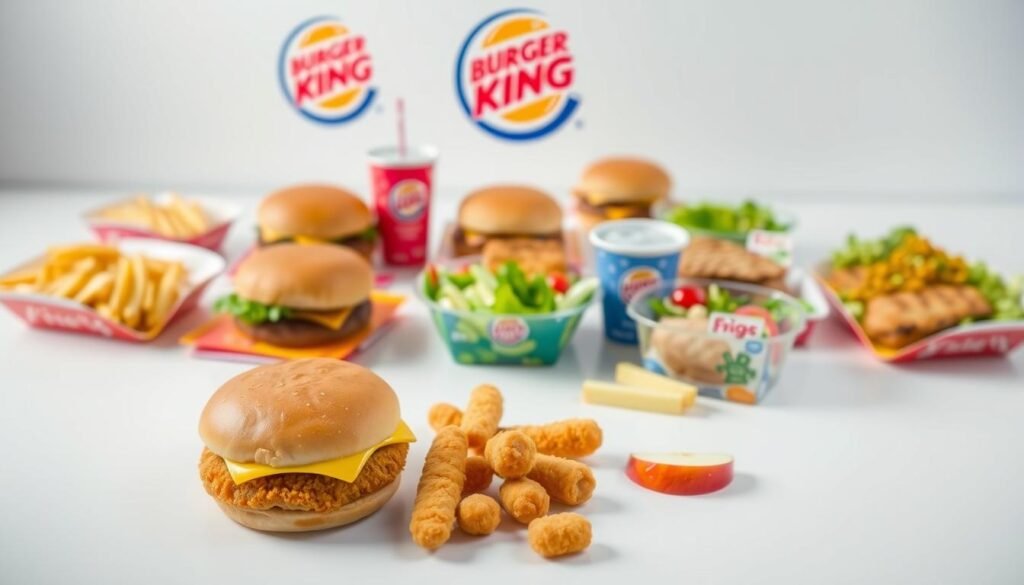 A vibrant array of Burger King Kids Meal combinations laid out on a clean, white surface. In the foreground, a cheeseburger, chicken nuggets, and small fries are arranged neatly, accompanied by a side of fresh apple slices and a small soft drink. In the middle ground, additional meal options are displayed, including a classic hamburger, a grilled chicken sandwich, and a kid's size salad. The background features a soft, slightly blurred Burger King logo, providing a sense of brand identity. The lighting is soft and diffused, creating a warm, inviting atmosphere, while the camera angle captures the meal options from a slightly elevated perspective, showcasing the variety and appeal of the Burger King Kids Meal. A vibrant array of Burger King Kids Meal combinations laid out on a clean, white surface. In the foreground, a cheeseburger, chicken nuggets, and small fries are arranged neatly, accompanied by a side of fresh apple slices and a small soft drink. In the middle ground, additional meal options are displayed, including a classic hamburger, a grilled chicken sandwich, and a kid's size salad. The background features a soft, slightly blurred Burger King logo, providing a sense of brand identity. The lighting is soft and diffused, creating a warm, inviting atmosphere, while the camera angle captures the meal options from a slightly elevated perspective, showcasing the variety and appeal of the Burger King Kids Meal.