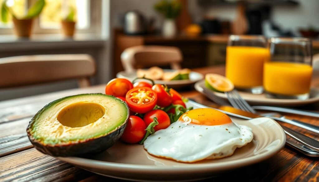 A vibrant breakfast scene featuring a beautifully plated dish of avocado, tomato, and egg. In the foreground, the avocado is sliced open, showcasing its creamy green flesh, next to a perfectly poached egg with a runny yolk and colorful cherry tomatoes cut in half, glistening with freshness. The middle ground includes a rustic wooden table with a neatly arranged breakfast setting, complete with a fork and knife, and a small glass of orange juice. The background softly blurs into a cozy kitchen setting with warm natural light filtering in from a window, creating an inviting and healthy atmosphere. Ideal for a nutrition-focused theme, this image conveys a wholesome and delicious breakfast choice.
