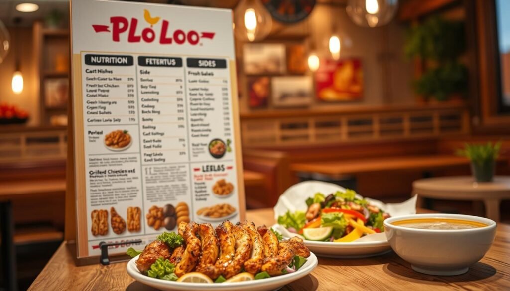 A vibrant composition featuring a detailed El Pollo Loco menu showcasing nutrition information. In the foreground, a neatly designed menu board displays colorful images of grilled chicken dishes, fresh salads, and sides, highlighting their nutritional benefits. The middle ground features plates of appetizing food, including grilled chicken with colorful vegetables, a refreshing salad, and a bowl of low-calorie soup. The background reveals a warm restaurant interior with rustic wooden textures, ambient lighting, and subtle pops of color from the decor. The scene should convey a fresh, inviting atmosphere that emphasizes healthy eating. The lighting is soft and warm, creating an appetizing and welcoming mood. The shot is taken from a slight angle to give depth to the menu and the delicious food displayed. A vibrant composition featuring a detailed El Pollo Loco menu showcasing nutrition information. In the foreground, a neatly designed menu board displays colorful images of grilled chicken dishes, fresh salads, and sides, highlighting their nutritional benefits. The middle ground features plates of appetizing food, including grilled chicken with colorful vegetables, a refreshing salad, and a bowl of low-calorie soup. The background reveals a warm restaurant interior with rustic wooden textures, ambient lighting, and subtle pops of color from the decor. The scene should convey a fresh, inviting atmosphere that emphasizes healthy eating. The lighting is soft and warm, creating an appetizing and welcoming mood. The shot is taken from a slight angle to give depth to the menu and the delicious food displayed.